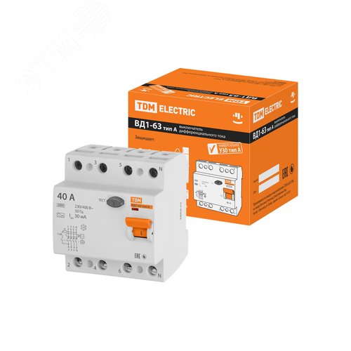 Устройство защитного отключения ВД1-63 четырехполюсное 40А 30мА тип А - TDM ELECTRIC