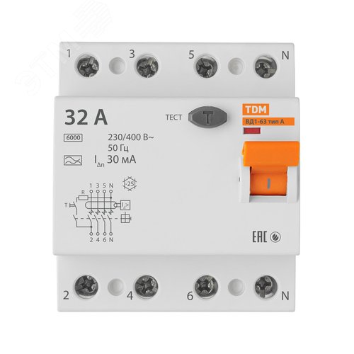 Устройство защитного отключения ВД1-63 четырехполюсный 32А 30мА тип А 6