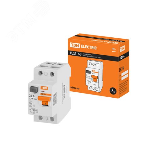 Устройство защитного отключения ВД1-63 двухполюсное 25А 10мА - TDM ELECTRIC