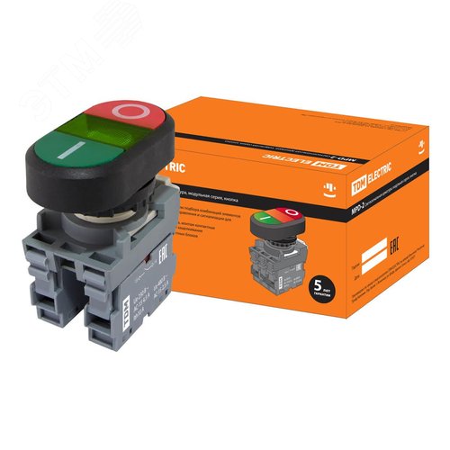 Кнопка двойная MPD2-11G (зеленая/красная) (LED) в сборе d22мм/220В (I/O) линза зеленая - TDM ELECTRIC