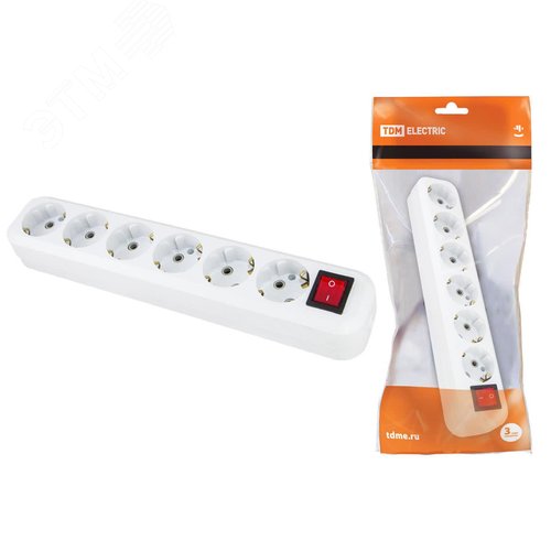 Колодка розеточная 6 гнезд 2П+З с выключателем16А 250В белая - TDM ELECTRIC