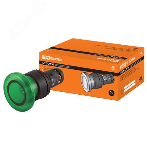 Кнопка грибовидная SB7-CWM31-220V(LED) d35мм 1з зеленая - TDM ELECTRIC