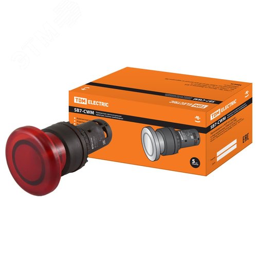 Кнопка грибовидная SB7-CWM42-220V(LED) d35мм 1р красная - TDM ELECTRIC