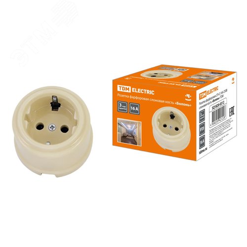 Розетка фарфоровая 2П+З 16А 250В сл. кость «Болонь» TDM - TDM ELECTRIC