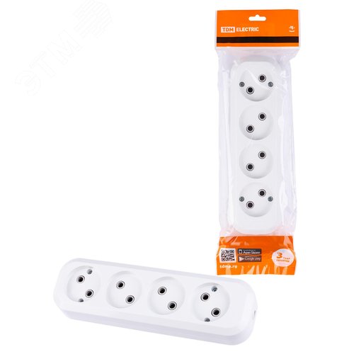 Колодка розеточная 4 гнезда 2П без заземления 10А 250В белая - TDM ELECTRIC