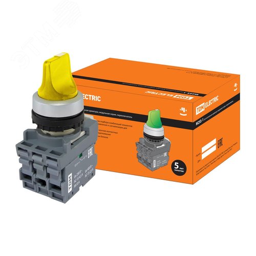 Переключатель на 2 положения с фиксацией M2SS1-21Y короткая ручка(LED) d22мм/220B 1з+1р желтый - TDM ELECTRIC
