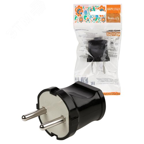 Вилка б/з черная 6А 250В серии ''Народная'' - TDM ELECTRIC