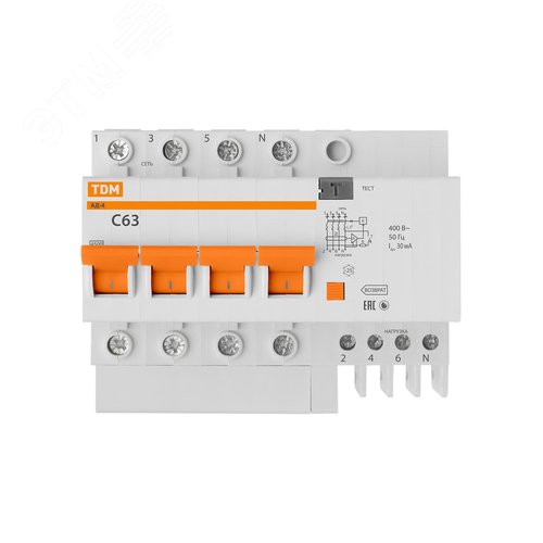 Выключатель автоматический дифференциального тока АД-4 четырехполюсный 63А 30мА 3