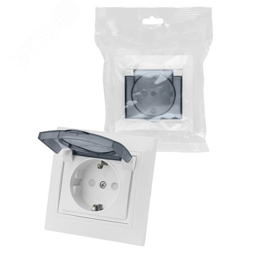Розетка 2П+З с защ. шт. и крышкой 16А 250В IP44 белая Таймыр (пром. упак., бакелит. основание) TDM