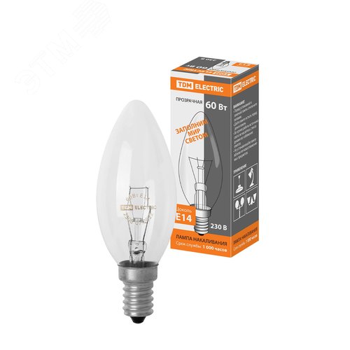 Лампа накаливания ‘‘Свеча прозрачная‘‘ 60 Вт-230 В-E14 - TDM ELECTRIC