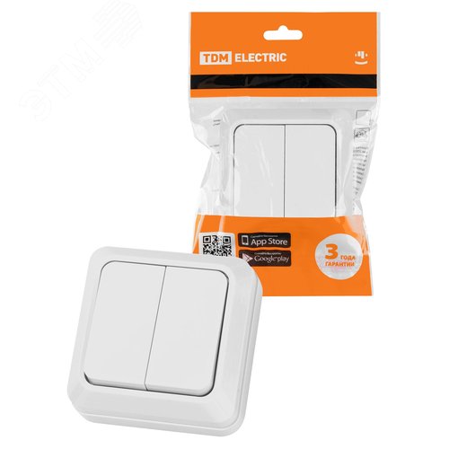 Выключатель двухклавишный открытой установки IP20 10А, белый ''Ладога''