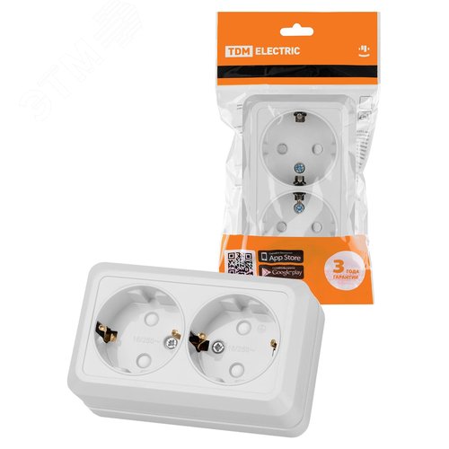 Розетка двойная 2П+З открытой установки с защитными шторками IP20 16А, белый ''Ладога''