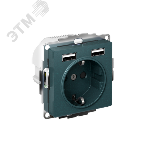РОЗЕТКА ATLASDESIGN 16А c 2 USB A+A, 5В/2,4 А, 2х5В/1,2 А, механизм, ИЗУМРУД - SE (Потенциал)