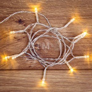 Гирлянда домашняя светодиодная универсальная 10 LED ТЕПЛЫЙ БЕЛЫЙ 1,5 метра, прозрачный ПВХ, питание 2*АА - NEON-NIGHT