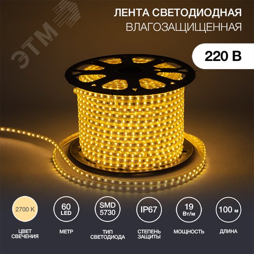 Лента LED уличная 220В, 6.5x13мм, IP67, SMD 5730, 60 LED/м, Теплый белый, 100м - NEON-NIGHT