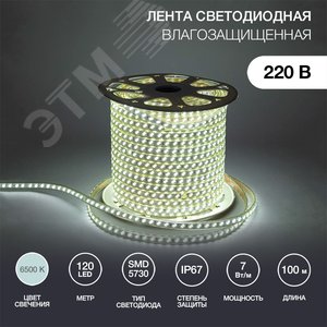Лента LED 220В, 6.5x17мм, IP67, SMD 5730, 120 LED/м, белый, 100м - фото 3