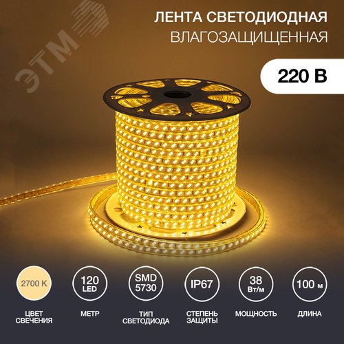 Лента LED уличная 220В, 6.5x17мм, IP67, SMD 5730, 120 LED/м, Теплый белый, 100м - NEON-NIGHT