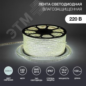 Лента LED уличная 220В, 6.5x15мм, IP67, SMD 3014, 240 LED/м, белый, 100м - фото 2