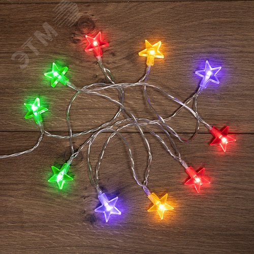 Гирлянда светодиодная Звездочки 1,5 м, 10 LED, прозрачный ПВХ, свечение мультиколор, 2 х АА батарейки не в комплекте - NEON-NIGHT
