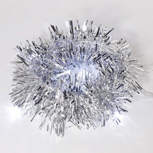 Гирлянда светодиодная Мишура серебряная 10 LED 1,5 м, прозрачный ПВХ, белый свет свечение, 2 х АА батарейки не в комплекте - NEON-NIGHT