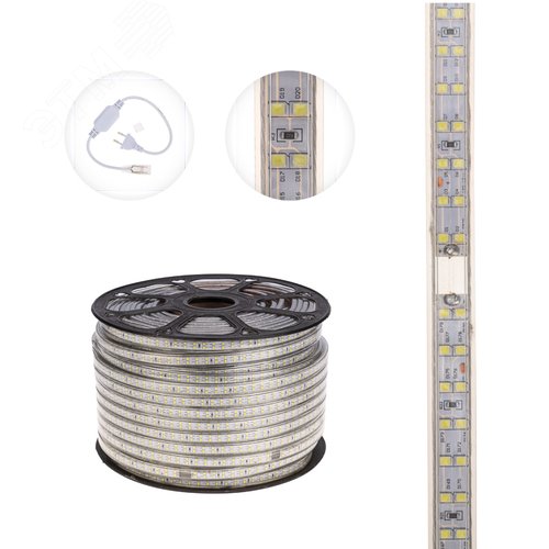 Лента LED профессиональная 220В, 6.5x17мм, IP67, SMD 2835, 180 LED/м, белый, 100м - фото 3