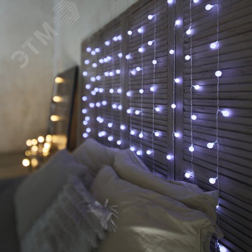 Гирлянда светодиодный Дождь 1,5х1,5 м, с насадками Шарики, свечение с динамикой, прозрачный провод, 230 В, диоды белый 3