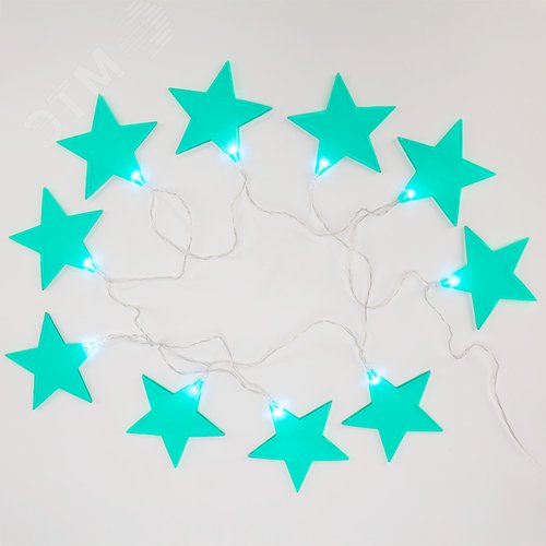 Гирлянда светодиодная Звездопад бирюзовая 10 LED, 2,25 м, прозрачный ПВХ, белый свечение, 2 х АА батарейки не в комплекте - NEON-NIGHT