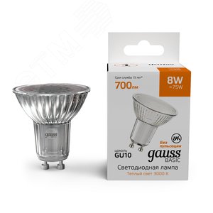 Лампа светодиодная Basic MR16 8W 700lm 3000K GU10 LED 1/10/100 | 10106182 | Gauss - фото 2