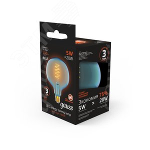 Лампа светодиодная филаментная LED 5 Вт 190 лм 1800К шар G125 теплый E27 AC 220В голубая колба Black Filament Gauss 5