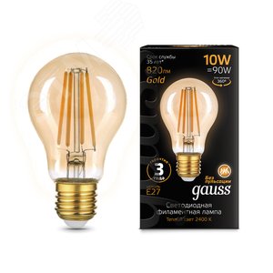 Лампа светодиодная LED 10 Вт 820 Лм 2400К golden теплая Е27 А60 Filament Gauss (102802010) - фото 2