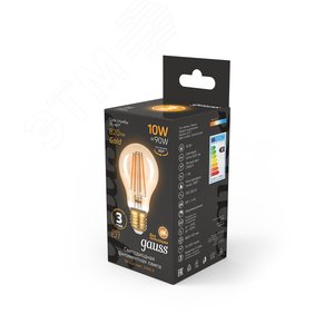 Лампа светодиодная LED 10 Вт 820 Лм 2400К golden теплая Е27 А60 Filament Gauss (102802010) - фото 4