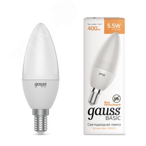 Лампа светодиодная LED 5.5 Вт400 Лм 3000К теплая E14 Свеча Basic Gauss (1033116) - фото 3