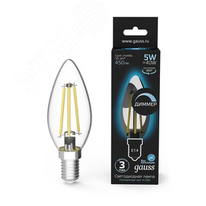Лампа светодиодная LED 5 Вт 450 Лм 4100К белая Е14 Свеча диммируемая Filament Gauss (103801205-D) - фото 2