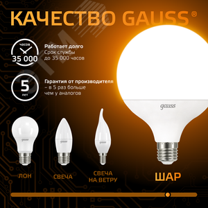 Лампа светодиодная LED 22 Вт 1800 лм 3000К шар G125 теплый E27 AC 220В Black 6