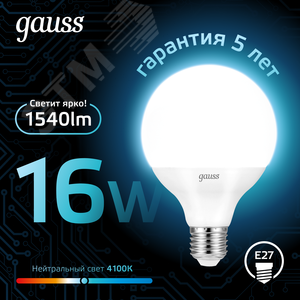 Лампа светодиодная LED 16 Вт 1540 лм 4100К шар G95 нейтральный E27 AC 220В Black 2