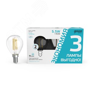 Лампа светодиодная Basic Filament Шар 5,5W 530lm 4100К Е14 LED (3 лампы в упаковке) 1/20 | 1051126T | Gauss - фото 2