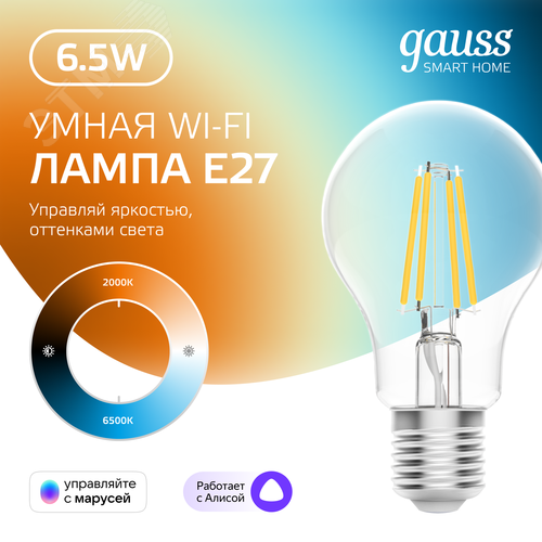 Лампа светодиодная умная LED 6.5 Вт 806 Лм 2000-6500К E27 А60 изм.цвет.темп.+дим. управление по Wi-Fi Smart Home Filament Gauss 4