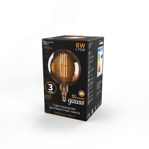 Лампа светодиодная LED 8 Вт 780 Лм 2400К теплая Е27 G200 golden Filament Gauss (153802008) 5