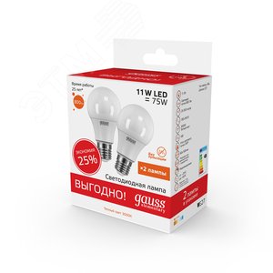 Лампа светодиодная LED 11 Вт 800 Лм 3000К теплая E27 A60 (2 лампы в упаковке) Elementary Gauss (23211P) 3