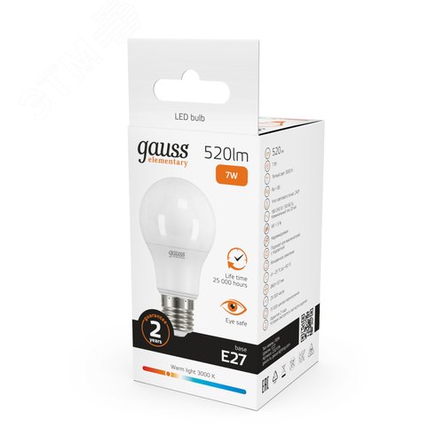 Лампа светодиодная LED 7 Вт 520 лм 3000К А60 груша теплый E27 AC 220В Elementary 12