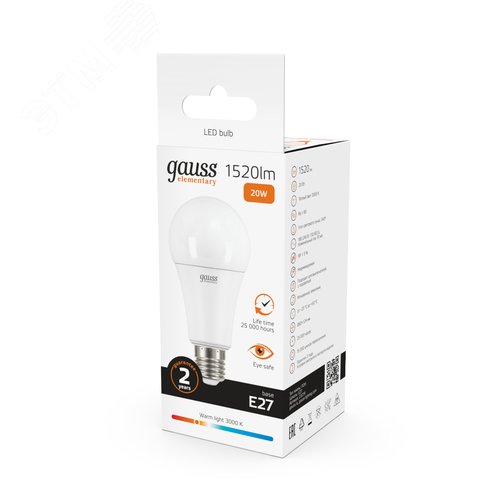 Лампа светодиодная LED 20 Вт 1520 лм 3000К А60 груша теплый E27 AC 220В Elementary 12