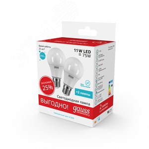 Лампа светодиодная LED 11 Вт 840 лм 4100К А60 груша нейтральный E27 AC 220В (промоупаковка 2 лампы) Elementary Gauss 4