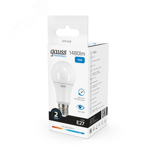 Лампа светодиодная LED 15 Вт 1480 лм 6500К А60 груша холодный E27 AC 220В Elementary 12