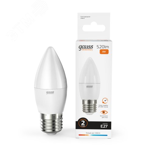 Лампа светодиодная LED 8 Вт 520 лм 3000К свеча теплый E27 AC 220В Elementary 14