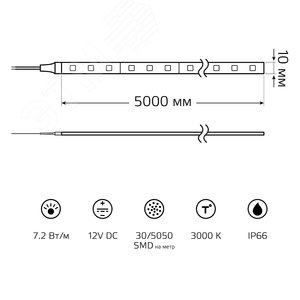 Лента светодиодная LED 5050/30-SMD 7,2 Вт/м 220 Лм/м 3000К теплый белый IP66 12 В DC 8 мм (катушка 5 м ZIP bag) Elementary 7