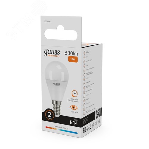 Лампа светодиодная LED 12 Вт 880 лм 3000К шар P45 теплый E14 AC 220В Elementary 11