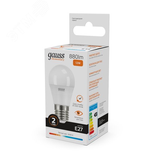 Лампа светодиодная LED 12 Вт 880 лм 3000К шар P45 теплый E27 AC 220В Elementary 10