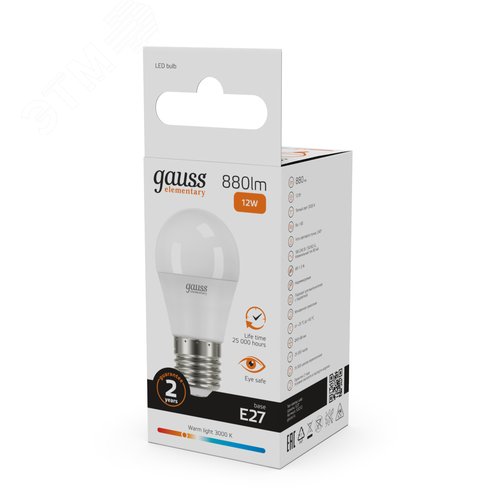 Лампа светодиодная LED 12 Вт 880 лм 3000К шар P45 теплый E27 AC 220В Elementary 11