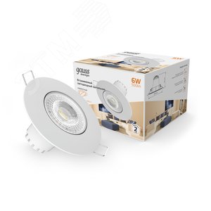 Светильник светодиодный ДВО 6 Вт 500 лм 3000К AC 220В IP20 круг D90х56мм монт d65мм Алюминий Downlight Gauss 2