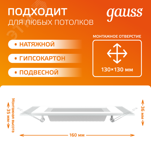 Светильник светодиодный встраиваемый ДВО-12  Вт 900 Лм 3000К квадрат IP20 монтажный d118х118 мм 160х160х30 мм 220-240  В декоративное стекло Glass Gauss (948111112) 3
